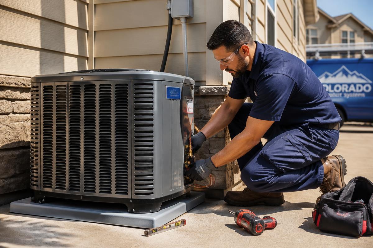 Certified HVAC technician installing an outdoor air conditioning condenser unit at a Colorado home